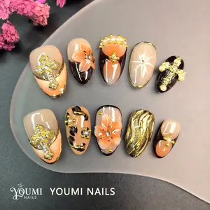 10 pcs Short Almond Shape Nail Art Set, Ombre Orange-Red Gradient with Gold Glitter, Handmade Press-On Nails, Almond Acrylic Nails, Includes Jelly Glue & File, No Adhesive Needed