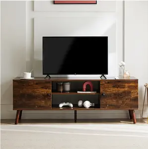 Mid-Century Modern Wooden TV Stand for 55-60” TVs, 2 Storage Cabinets, Adjustable Shelf, Cable Management, Sturdy Legs, Easy Assembly, Rust Brown
