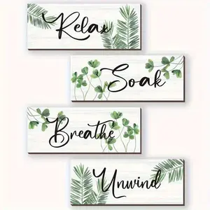 Plant Pattern Wall Decor Sign, 4 Counts/set Relax Soak Unwind Breathe Letter Wall Decor, Home Spa and Laundry Decor Room Decor, Bathroom Decorations