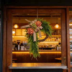 Elegant Peach-Colored Hydrangea Waterdrop Wreath, Mixed Ferns and Burlap Bow, Rustic Fall Front Door and Entryway Decor