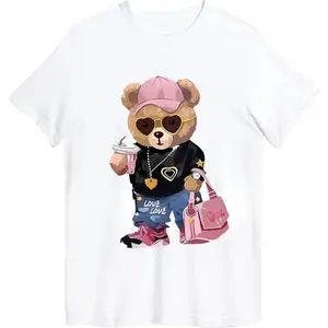 Women's Casual Cartoon Bear Graphic T-Shirt -Black Short Sleeve Round Neck All-Season Stylish Accessories Design Casual Wear Playful Design Comfortable Fit Novelty Graphic T Shirt funny tshirt Undershirts Tees Casual Streetwear Classic