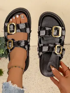 New Retro Plaid Edge Double Buckle Thick Sole Sandals, Women's Outdoor One-Strap Slippers, Checkered Casual Footwear, Plaid Design Slippers