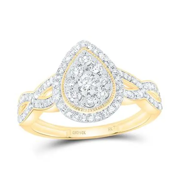 Female 14 Karat Yellow Gold Pear Shape Engagement Ring, 0.50ctw Round Cut Diamonds, Polished Finish, Diamond Embellished Rings, Gold Diamond Rings