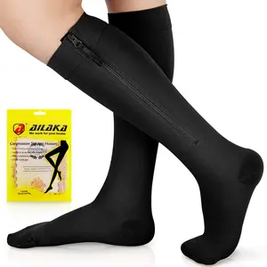 Ailaka TheraMagic 20-30mmHg Compression Socks for Men Women - Knee High with YKK Zipper, Copper Infused Fiber Sole, 4-Way Stretch, Ideal for Varicose Veins, Edema, Recovery, Pregnancy, Nurses - Healthcare Healthcare Fiber Support