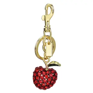 New Cute Fruit Rhinestone Apple Keychain, Metal Key Ring, Bag Pendant