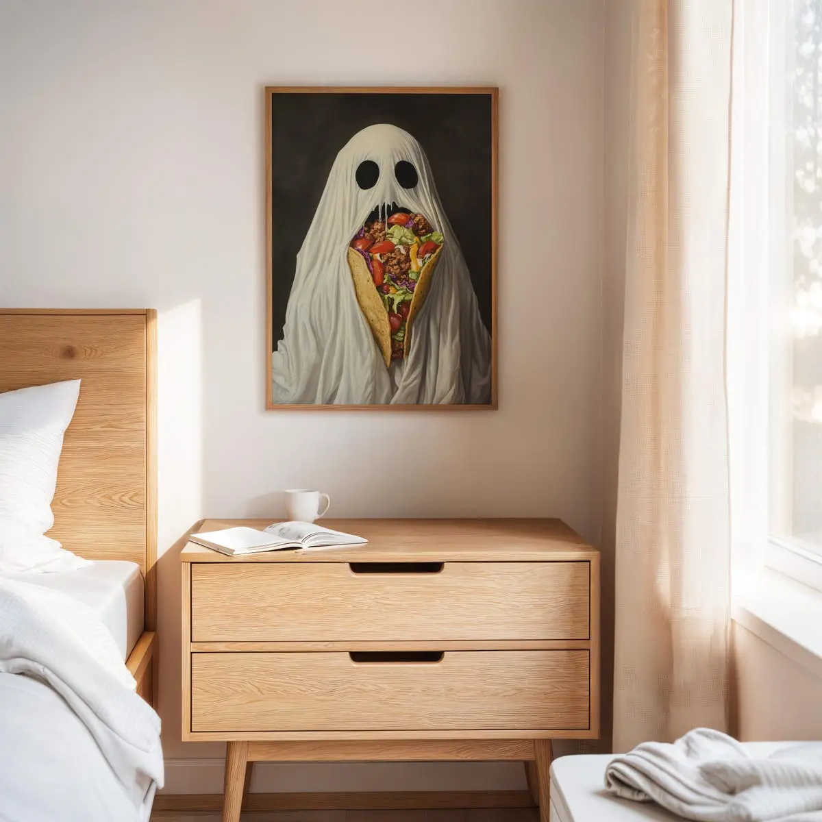 Spooky Food Art for Taco Lovers, Ghost Eating Taco Poster Wall Art, Ghost Taco Print Poster, Funny Halloween Kitchen Decor, Room Decor, Unframed