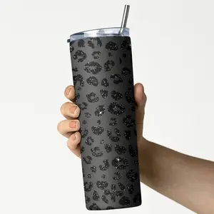 Black Leopard 20oz Skinny Tumbler, Stainless Steel Travel Mug, Matte Animal Print Cup, Leopard Pattern Gift for Women