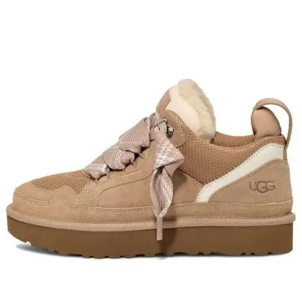 UGG Women's Lowmel Sand Suede Low Top Walking Shoe with Comfortable White Fur Lining and Decorative Bow Laces, Casual Wear