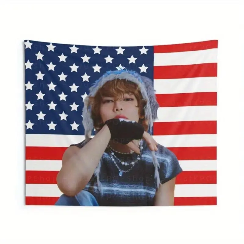 American Flag & Mountain Print Hangable Wall Tapestry, 60x40in Home Decor Decoration Textile for Living Room, Indoors