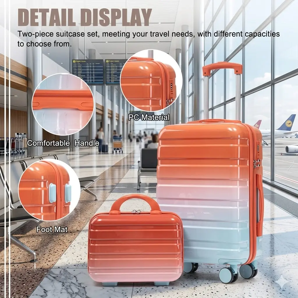 Carry On Suitcase Set 2 Pcs Gradient Spinner Luggage with Lock 14" 20" Hardshell PC Travel Bag Lightweight Hard Shell Rolling Suitcases Vanity Cosmetic Case Set Blue Red Aesthetic Cute Airport Outfit Essential
