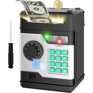 Electronic Piggy Bank with Password & Fingerprint Lock, Smart Money Safe for Kids Ages 3-10, Automatic Savings Box with Black Decor Ornaments