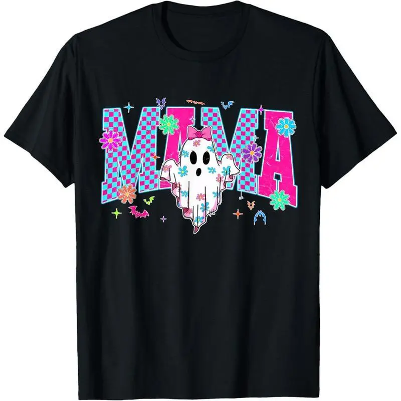 Personalized Spooky Mama Tshirt, Classic Ghost Graphic Halloween Tee with Coquette Bow, 100% Cotton Unisex Apparel, Shortsleeve, Fitted, Round Neck, Bow Detail, T-Shirt, Menswear, Fitted Cut, Oeko-Tex Certified, Preppy, Tops, Halloween Things, Casual Fit