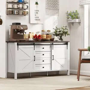 59-in Farmhouse Buffet Cabinet with Thick Wood Top - Rustic White Sideboard, 2 Sliding Barn Doors, 4 Smooth-Glide Drawers, 2 Adjustable Shelves - Versatile Dining Room Server, Living Room TV Stand