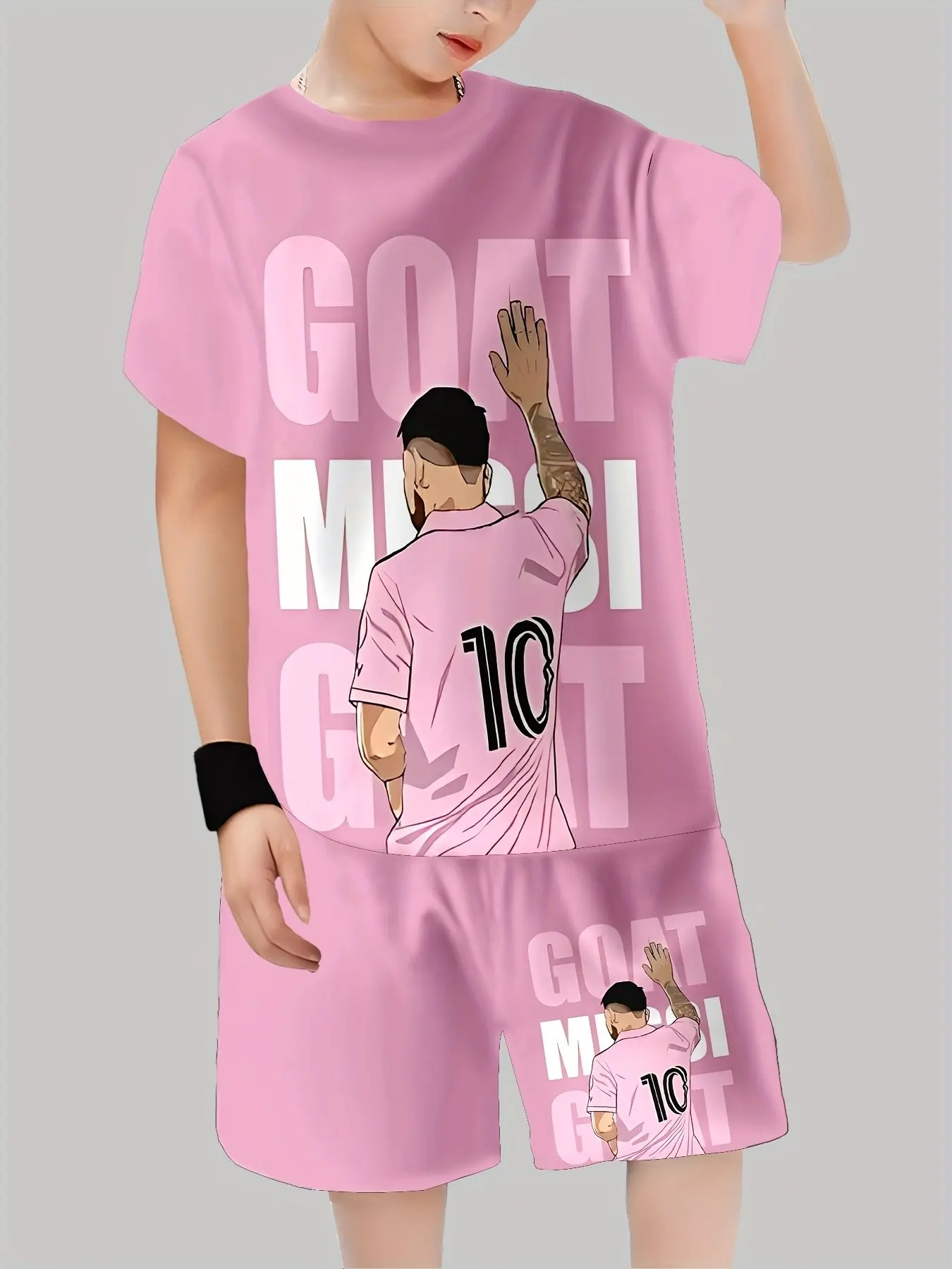 Boys' Messi Goat No. 10 Short Sleeve T-Shirt & Shorts Set, Summer Casual Sportswear Graphic Print Set, Kids Fashion Clothing, Combined Set