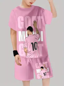 Boys' Messi Goat No. 10 Short Sleeve T-Shirt & Shorts Set, Summer Casual Sportswear Set, Kids Fashion