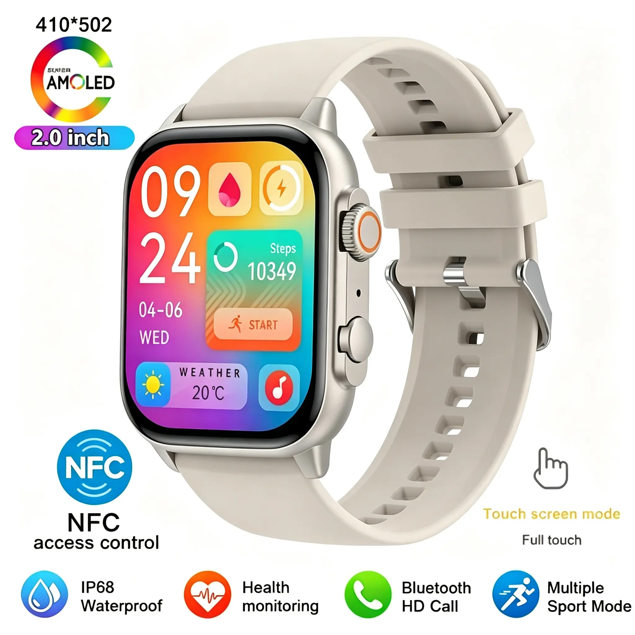 Smart Watch Featuring a Large 1.96-inch AMOLED Touch Screen,Supports Heart Rate,Blood Oxygen,Blood Pressure,and Sleep Monitoring,Includes Multiple Sports Modes and Wireless Calling Capabilities; Suitable for Men/Women, Compatible with Android/iOS