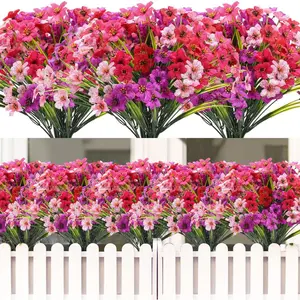 12 Bundles Artificial Flowers Outdoor Plants for Garden, Plastic Fake Plants fabric Flowers for Decoration Indoors, Cemetery Flowers for Grave Vase Everlasting, Yellow White Purple, for Spring