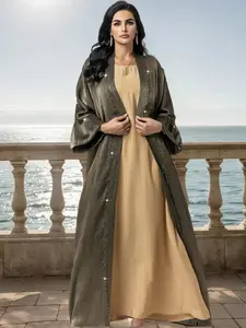 Women's Abaya Long Robe with Sparkling Rhinestone Decoration, Metallic Fabric, Luxurious Design, Perfect for Parties
