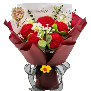 Mother’s Day Gift, YShomy Handmade Crochet Flower Bouquet with Red Roses & White Baby’s Breath, Graduation Gift, Birthday, Anniversary Gift for Her, Girlfriend, Wife, Friend, Includes Card, Elegant Design, Home Decor, Women’s Gift