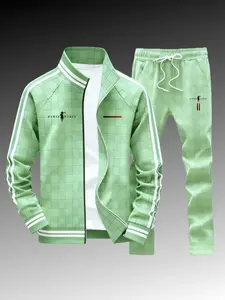 Men's Classic Green Plaid Tracksuit Set Stand Collar Zip-Up Jacket with White Striped Trim & Drawstring Jogger Pants for Daily Wear Running & Outdoor