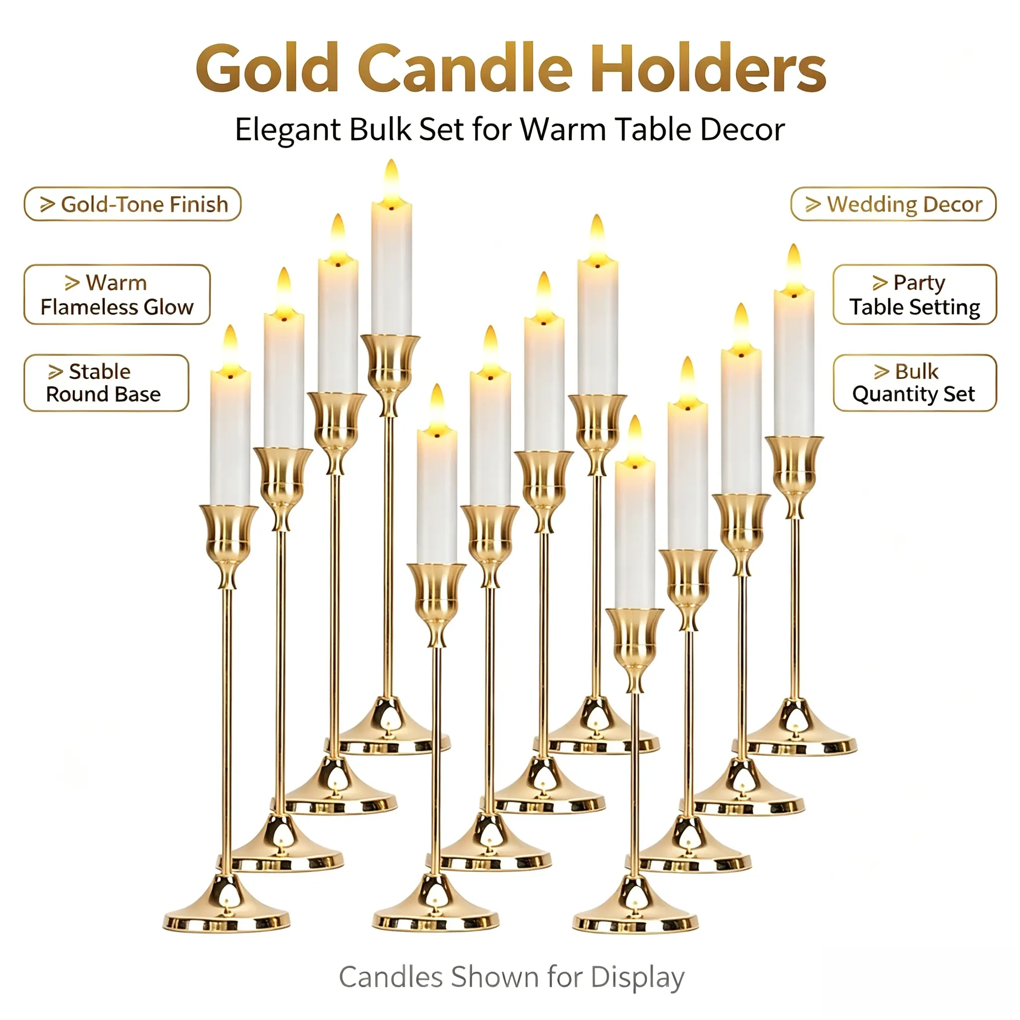 Elegant 12-Piece Gold Taper Candle Holders - Vintage Brass Metal Candlesticks, Home Decor Table Centerpieces for Wedding, Holiday Dinner Events
