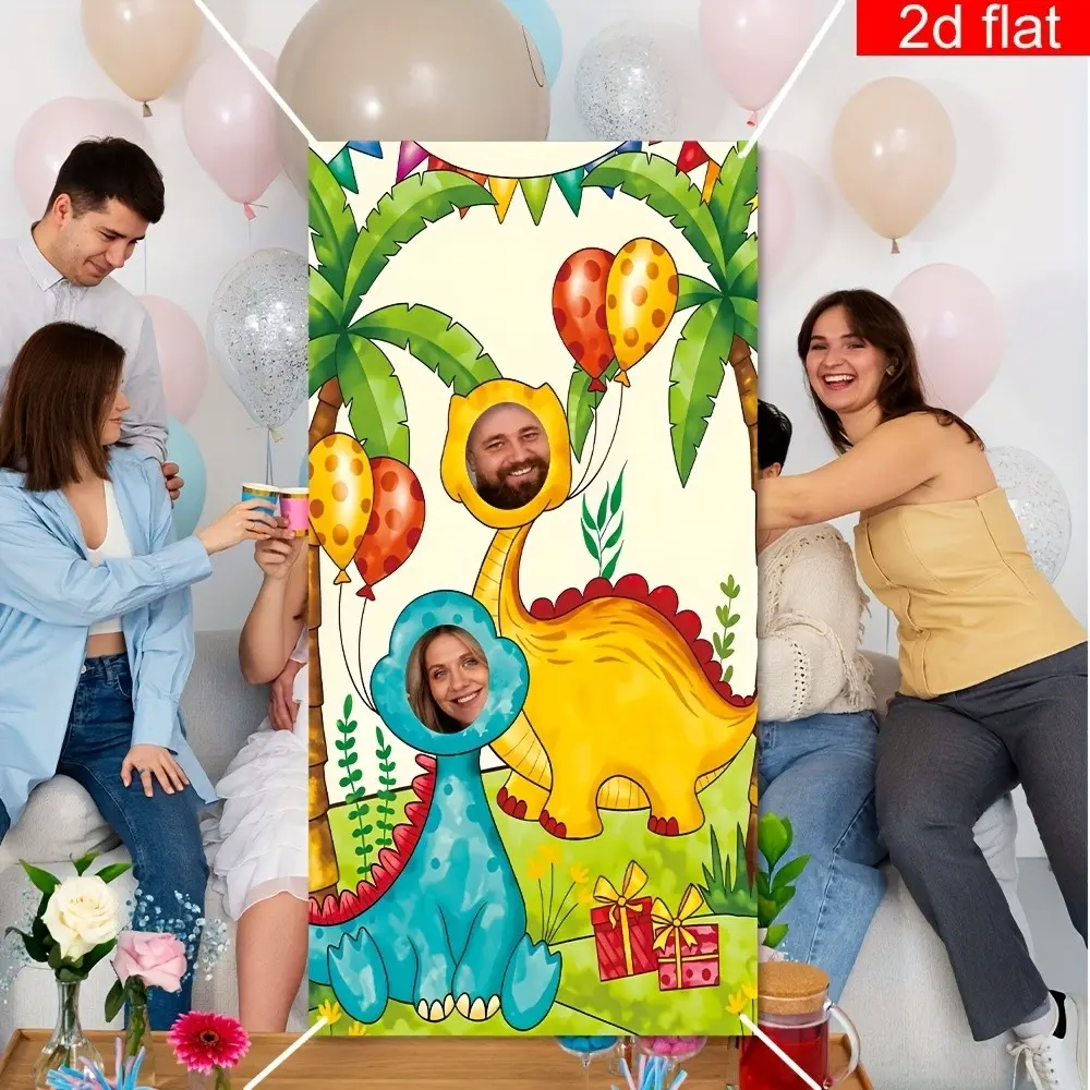 2D Flat Door Banner, Cartoon Jungle Dinosaur Pattern, Polyester Material, Bright and Durable, Party Background Decor, No Power Needed