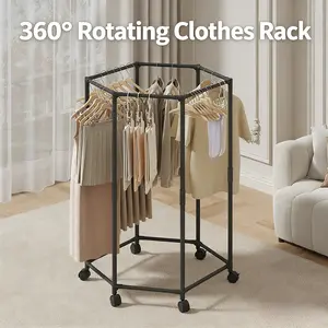 Hexagonal Rotary Clothes Rack Self-standing Vertical Durable Structure Rotating Hanger Multihanger Rack Suitable for Laundry And Household Storage Black White