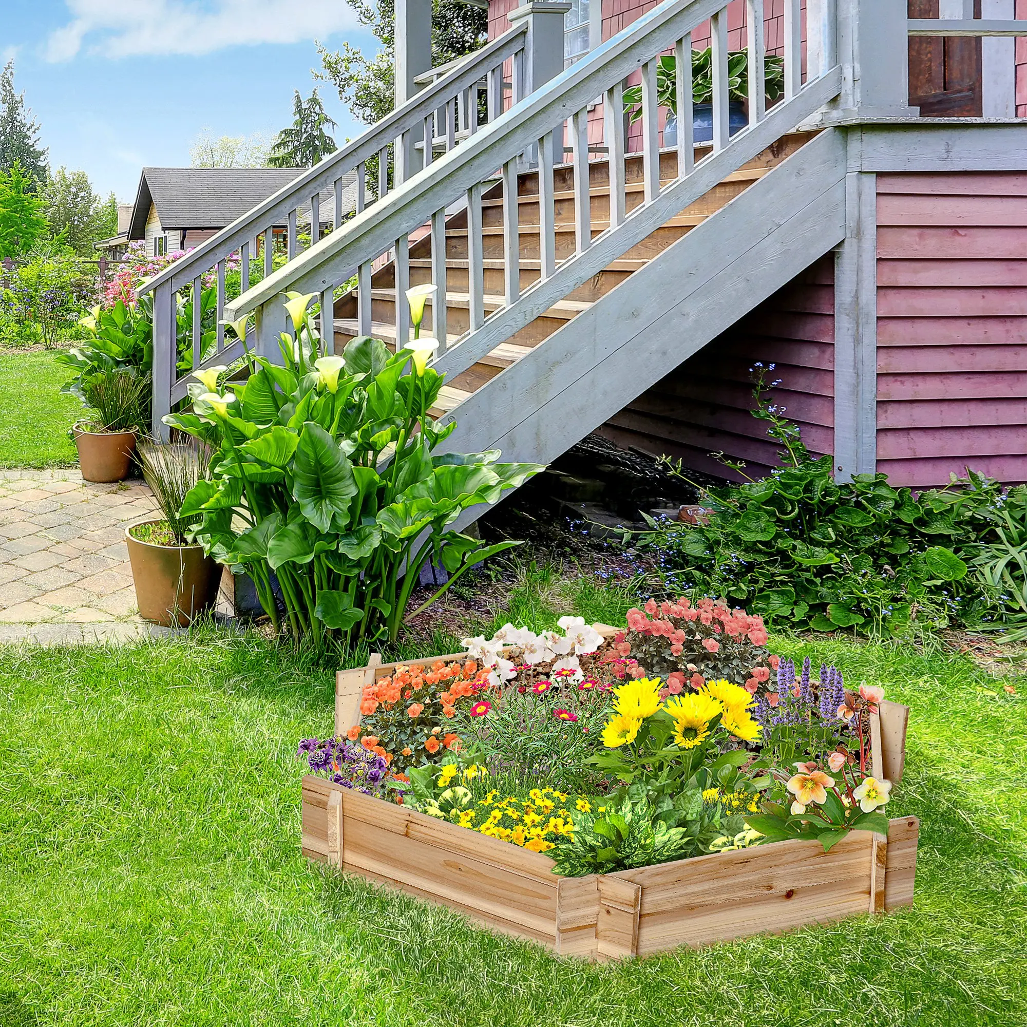 Hexagonal Screwless Elevated Planter Bed (39.25" L x 36.25" W x 6.25" H) - 100% Treated Fir Wood, Cute Corners, Fast Tool-Free Assembly, Open Bottom, Root Access, Garden Plant Growth Box, Gardening, Open Bottom Garden