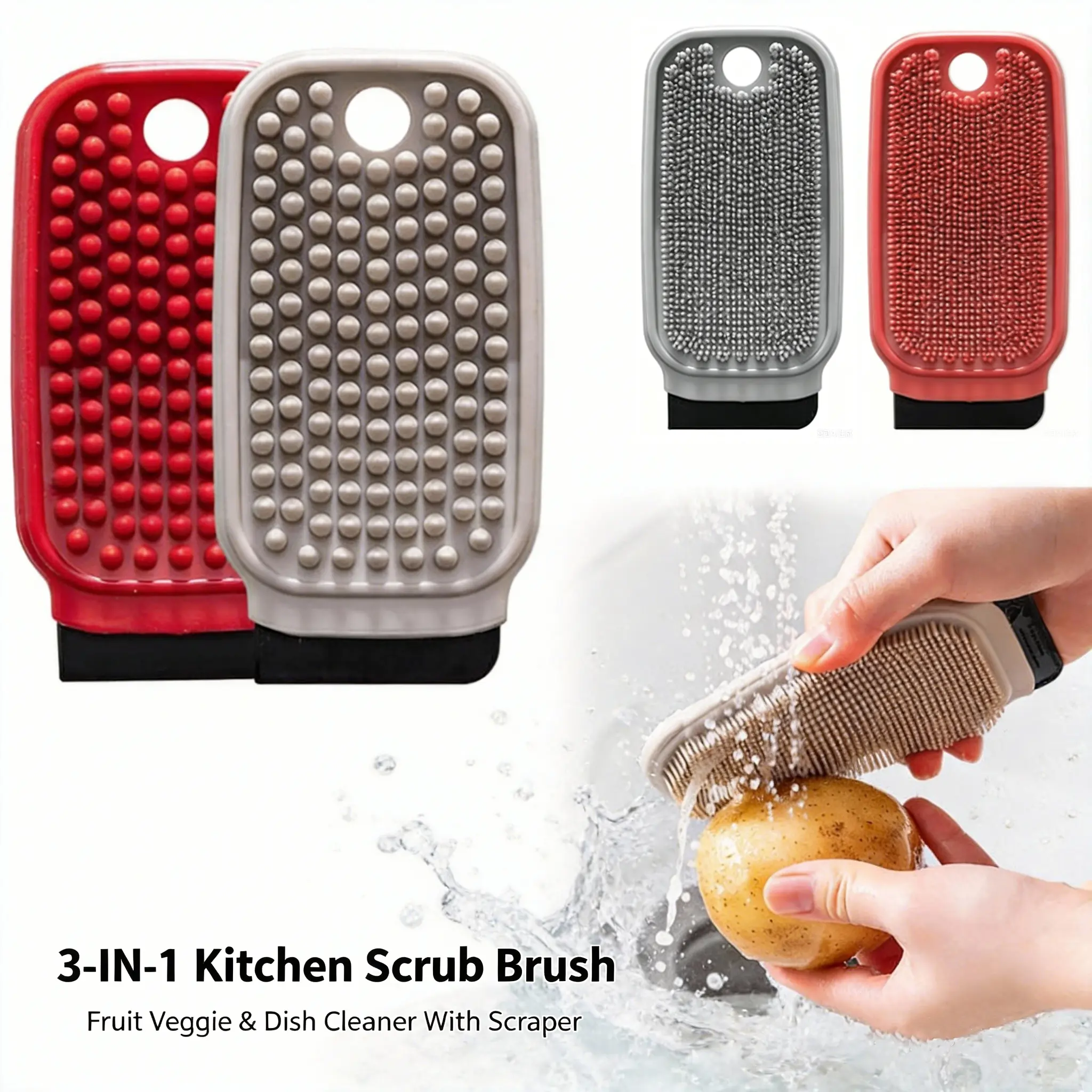3-in-1 Food Grade Silicone Cleaning Sponge Brush - BPA-Free Kitchen Eco-Friendly Tool with Scraper, Hanging Hole, Reusable for Dish Washing (Home Supplies)
