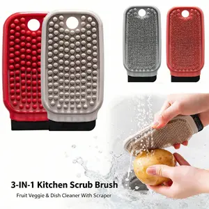 3-in-1 Food Grade Silicone Cleaning Sponge Brush - BPA-Free Kitchen Eco-Friendly Tool with Scraper, Hanging Hole, Reusable for Dish Washing (Home Supplies)