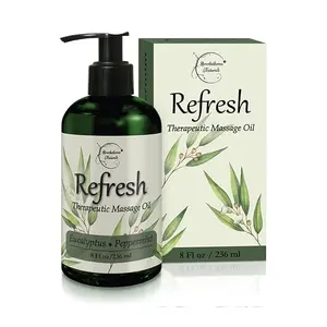 Refresh Massage Oil with Eucalyptus & Peppermint oils. All-natural sore muscle relief, perfect for full-body relaxation. Nut-free formula, 8oz.