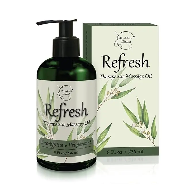 Brookethorne Naturals Massage Oil with Eucalyptus & Peppermint for Sore Muscle Relief, Silky Hydrating Body Care Oil, Nut-Free Formula, 8 oz, Smooth
