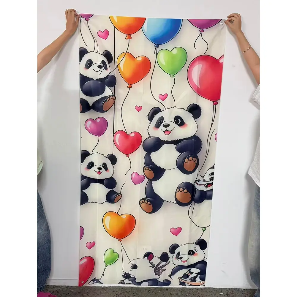 2D flat Home Decor Banner, Whimsical Pastel Panda & Balloon Backdrop, Wall Hanging Backdrop, Cute Heart Balloon Party Decor, Playful Panda Theme Background for Birthday/Party Decorations
