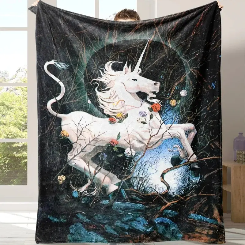 Unicorn Pattern Flannel Blanket, Soft Warm Throw Blanket, Lightweight Blanket for Air-Conditioned Rooms, Nap Blanket for Home & Office