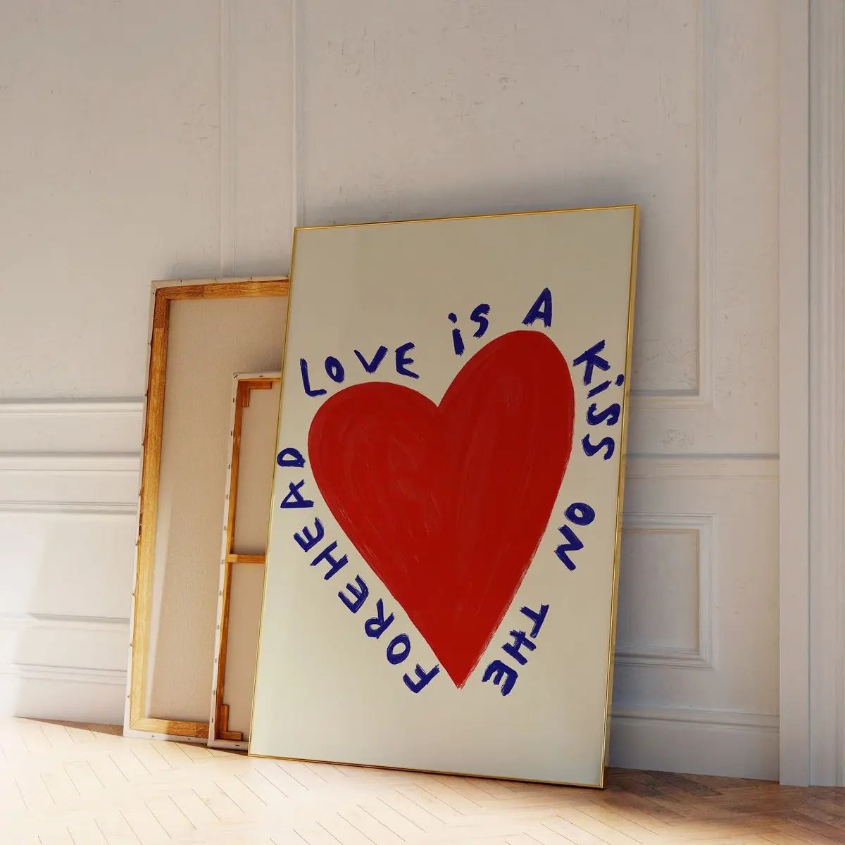 Love is a Kiss on the Forehead, Love Heart Printable Wall Art, Unique Gifts for Her, Red and Blue Heart Print, Valentines Day Gift, Unframed
