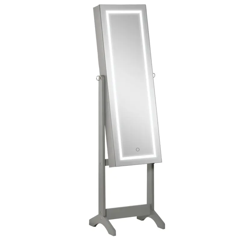 HOMCOM Grey Floor Standing Jewelry Cabinet with LED Light Lockable Organizer Full-Length Mirror & 4 Adjustable Angles for Bedroom Earring Box Decor Door Glass