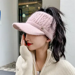 New Autumn and Winter Warm Knitted Ponytail Hat for Women - Thick Warm Earcup Baseball Hat with Adjustable Shoulder Straps