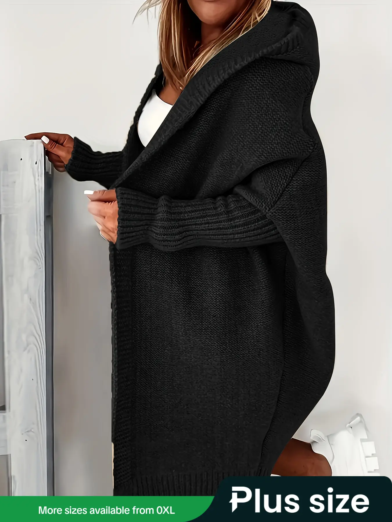 [Faith Devine Exclusive]【Plus Size】 Solid Drop Shoulder Top Stitching Hooded Cardigan, Casual Long Sleeve Open Front Knitwear for Fall & Winter, Women