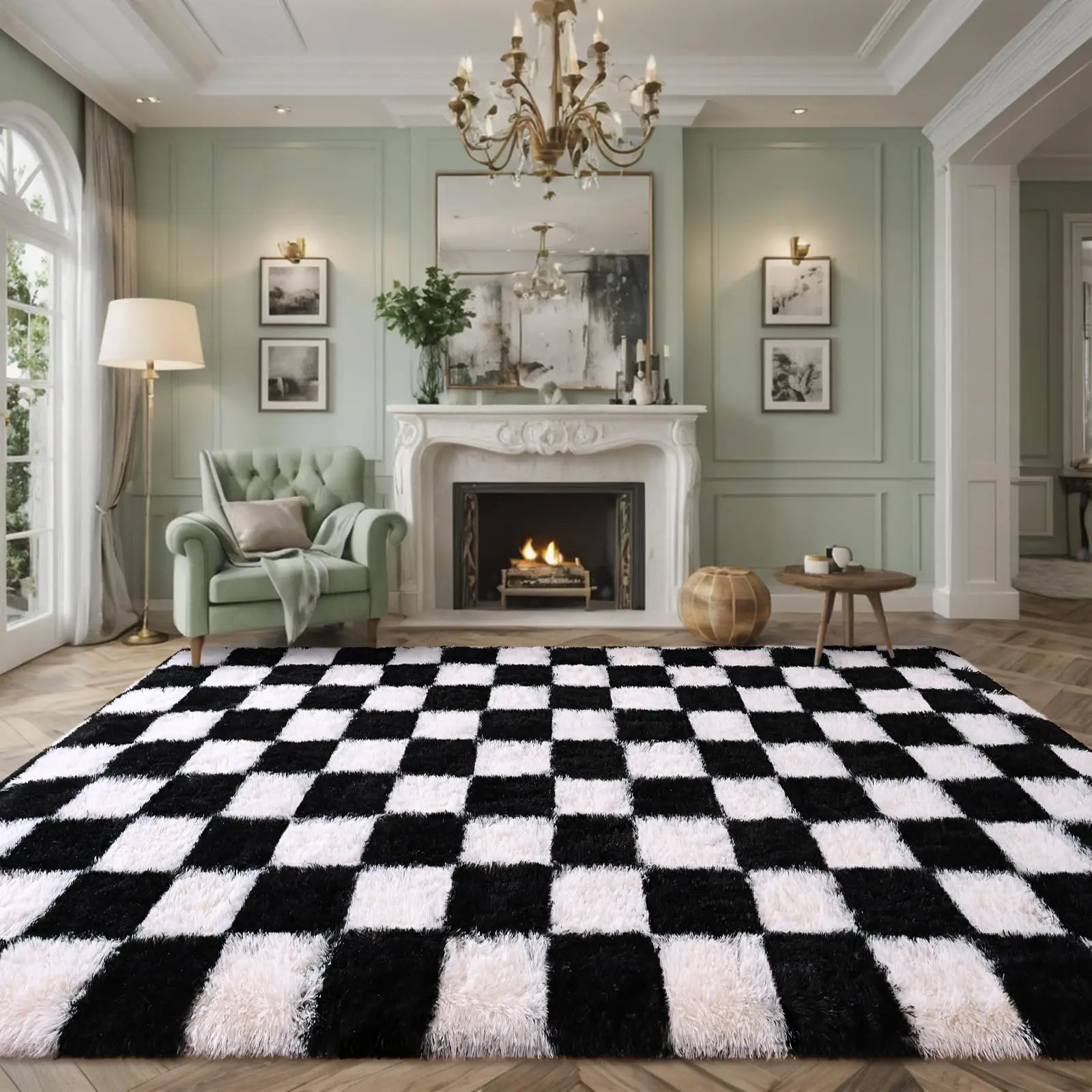JAKOLIVE Cozy Soft Modern Shaggy Rug For Bed Room, Large Indoor Fluffy Plush Non-Slip Carpet For Living Room , Room Decor, Kitchen, Dining Room, Study Room, Dressing Room, Office, Home Decor, Gift For Mother's Day, White and Black Checkered Rug