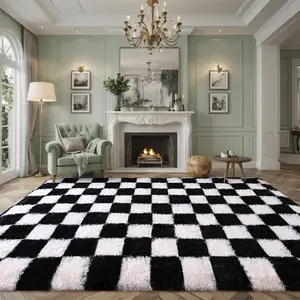 JAKOLIVE Cozy Soft Modern Shaggy Rug For Bed Room, Large Indoor Fluffy Plush Non-Slip Carpet For Living Room , Room Decor, Kitchen, Dining Room, Study Room, Dressing Room, Office, Home Decor, Gift For Mother's Day, White and Black Checkered Rug