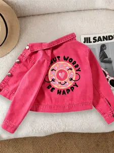 Girls Casual Fashion Denim Jacket with Donut Pattern Print, Suitable for School and Dates, Comfortable Slim Fit for Girls Under 12
