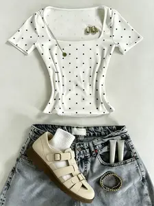 1 Piece Polka Dot Square Neck Fitted T-Shirt, Daily Versatile Waist-Hugging Cropped Top Summer