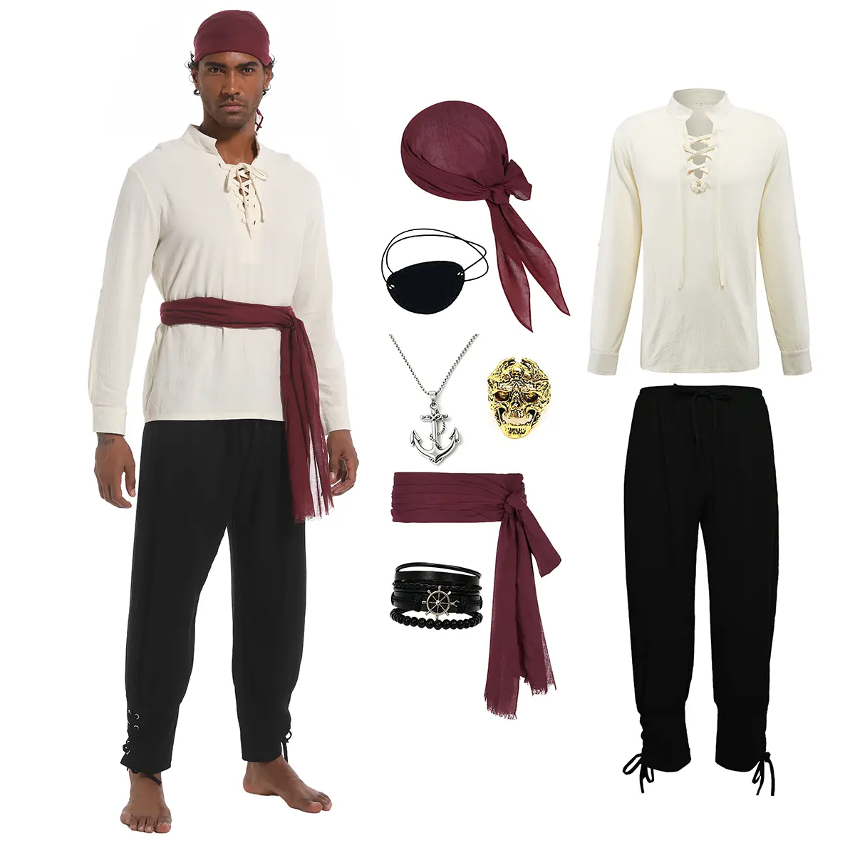 Men's 8-Piece Pirate Costume Set for Halloween, Renaissance Fair, Cosplay and LARP