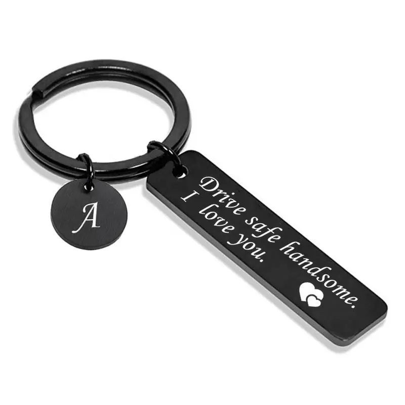 Drive Safe Handsome Keychain For Him, Black Stainless Steel Engraved Key Ring With Custom Initial Letter Charm, "I Love You" Car Key Accessory, Romantic Valentine Anniversary Birthday Gift For Boyfriend Husband