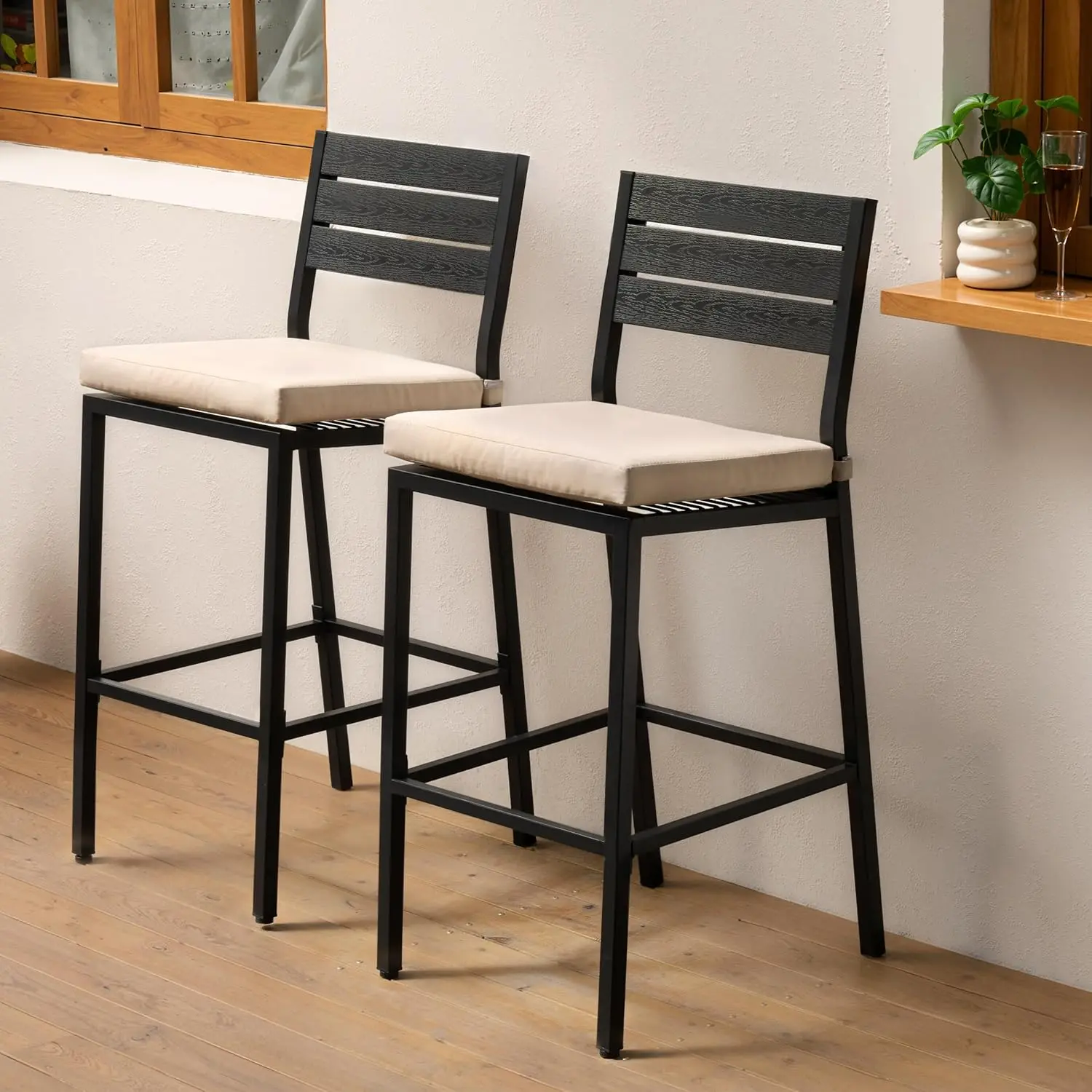 Crestlive Products 26.8" Outdoor Counter Bar Stools Set of 2, Patio Chairs with Backrest | Thick Cushioned Seat, Footrest, All-weather Fabric, Rust-proof Frame, Indoor/Outdoor Versatile, Deck, Poolside, Garden