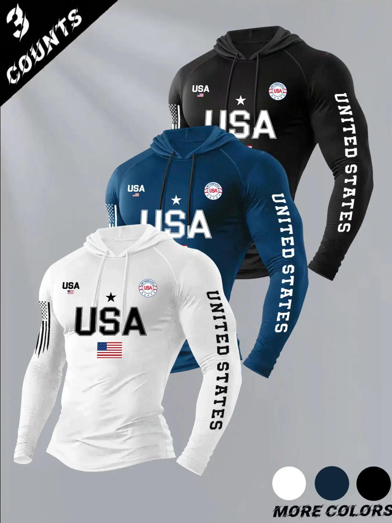 Men's Classic 3-Piece Set Letter Flag Print Hooded Long Sleeve T-Shirt, Casual Fitted Top for Fall & Winter Gym Wear