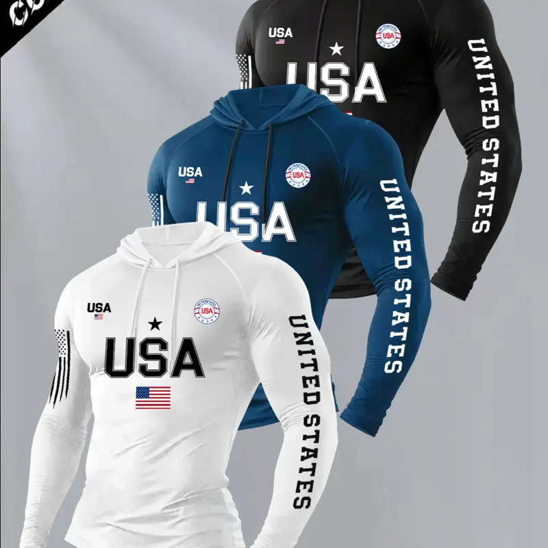 Men's Classic 3-Piece Set Letter Flag Print Hooded Long Sleeve T-Shirt, Casual Fitted Top for Fall & Winter Gym Wear, Activewear T Shirts