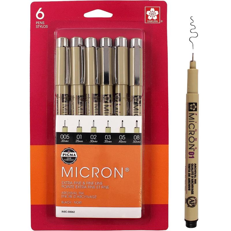 Fineliner Pens Archival Black Ink Waterproof & Bleed Free Assorted Point Sizes 005, 01, 02, 03, 05, 08 - 6 Pack for Writing, Drawing, Journaling