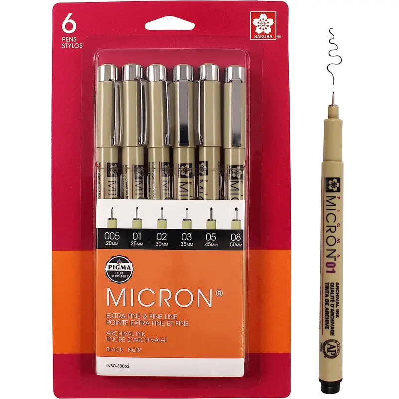 Fineliner Pens Archival Black Ink Waterproof & Bleed Free Assorted Point Sizes 005, 01, 02, 03, 05, 08 - 6 Pack for Writing, Drawing, Journaling