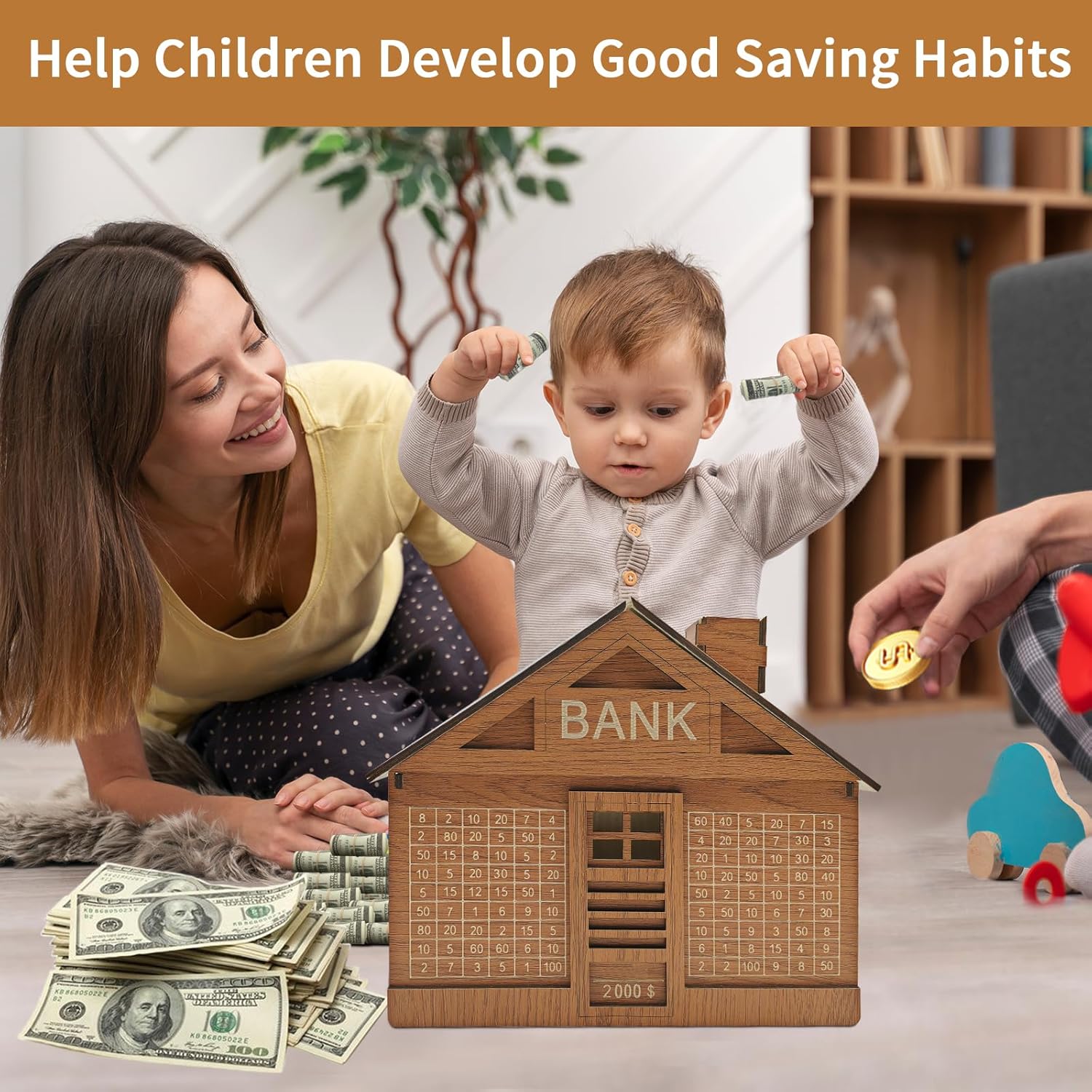 Cash Vault Wooden Savings Box,Reusable Cash Saver Box with Dry Erase Pen,Wooden Coin Money Bank for Kids Adults